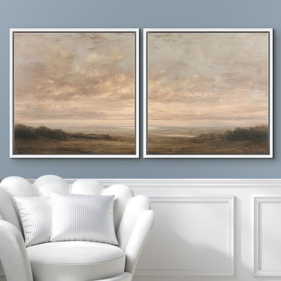 Calm Neutral Sunset Cloudy Sky Landscape Wall Decor Framed Master Bedroom Wall Art Work 2 Pieces Print