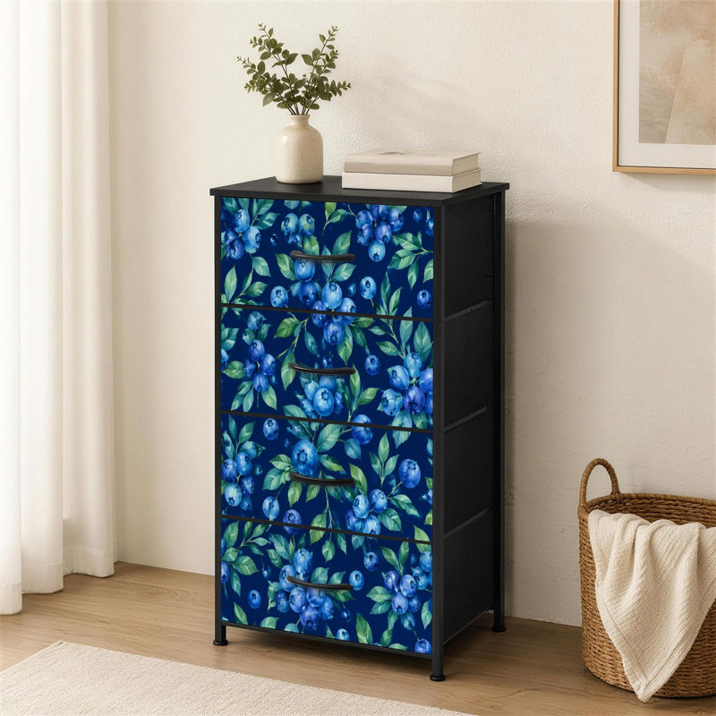 Commode 4 tiroirs pour chambre à coucher sans couture aquarelle bleuet feuilles vertes petite commode grande taille bleu foncé pour organisateurs de placard avec commode