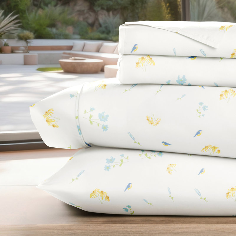 Ensemble de draps à motif floral, Ensemble literie pour lit simple, Oiseaux bleus