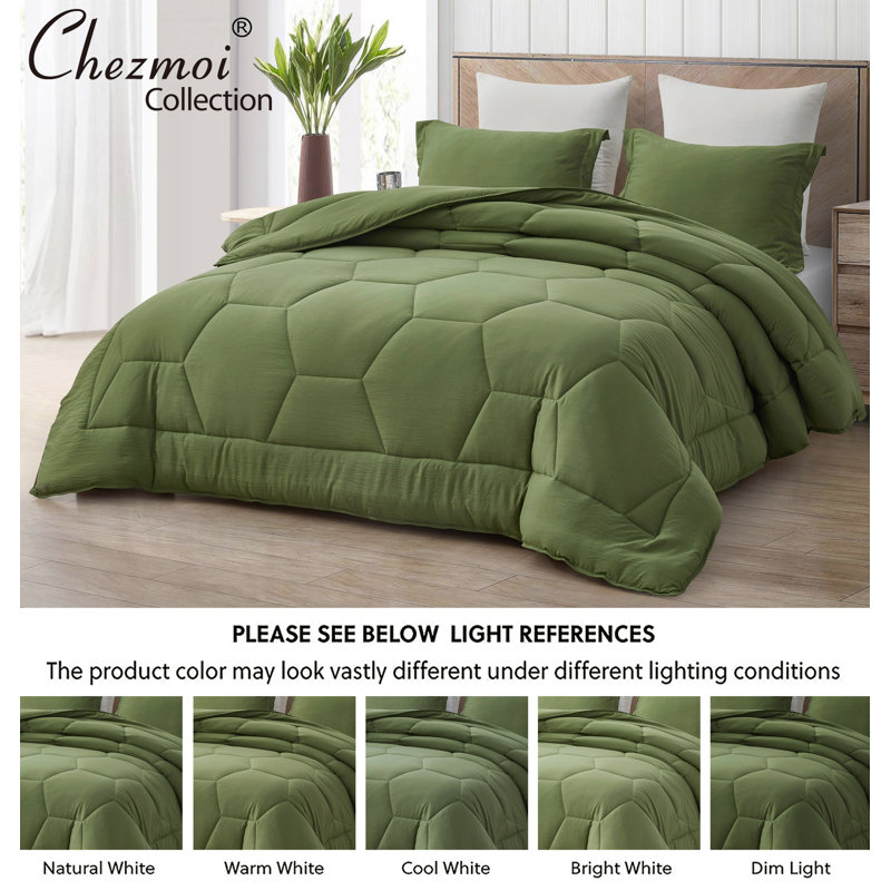 Washed Microfiber Bedding Honeycomb Comforter Set, Oversized King Comforter + 2 King Shams, Olive Green
