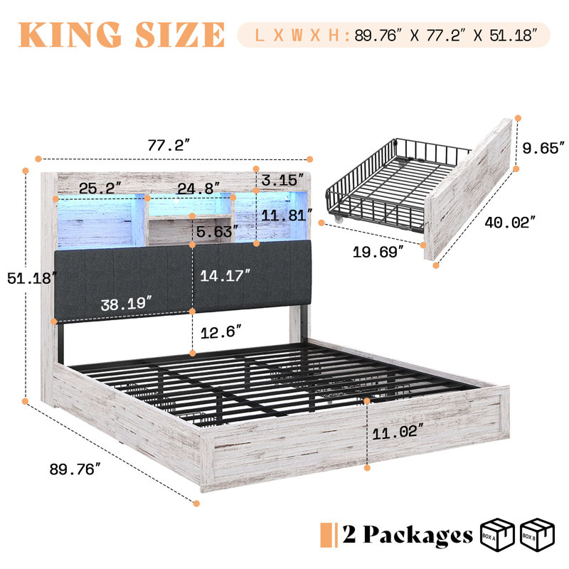 Ivy Bronx Farmhouse King Bed with LED Bookcase Headboard, 4 Storage Drawers & Charging Station, Rustic White, King
