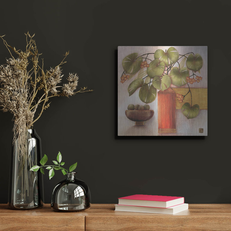 "Fruit de la passion et vase" par Margaret Hughlock, H 12 po x l 12 po