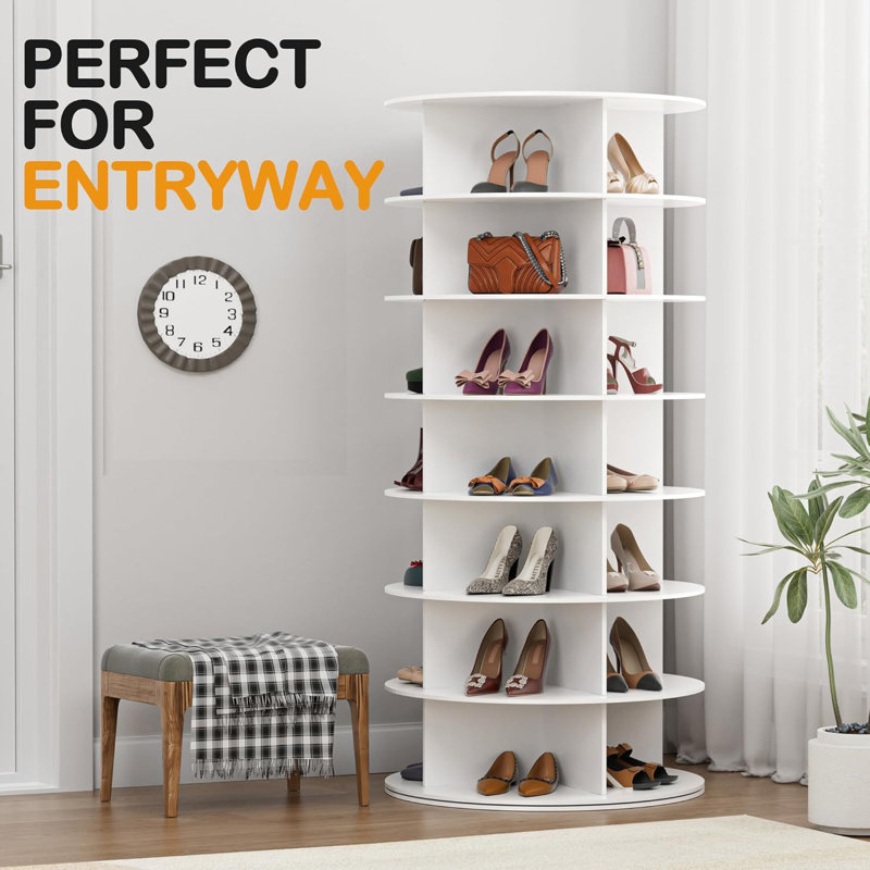 Wood Rotating Shoe Rack Tower 7 Tier Organizer, Vertical Spinning Shoe Display Lazy Susan, Revolving 360 White Shoe Rack Storage