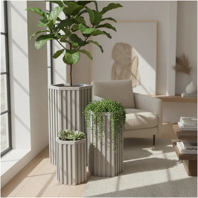 Hexagon Column Planter SM - Grey Brown, Brown Gray, 16.25" H x 9.13" W x 10.5" D