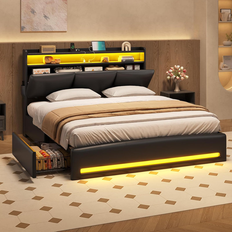 Très grande base de lit tapissier avec station de charge, 4 tiroirs et lumières DEL très résistantes, aucun sommier tapissier requis