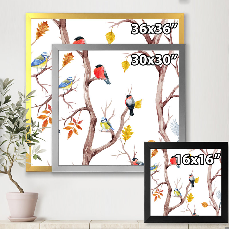 Arbres d'automne et petits oiseaux - Peinture sur toile, H 30 po x l 30 po x 1,5 po, Toile avec cadre argenté