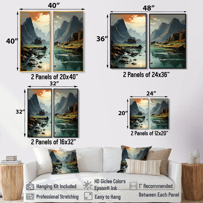 «Vietnam Mountain Symphony Landscape II - Vietnam Large Wall Art 2-Panels», H 20 po x l 24 po, Doré