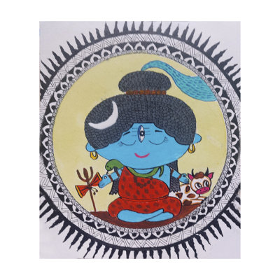 Petit Shiva et Nandi au centre de Mandala - Art Kawai | Aquarelle sur toile | Par Prachi Deshpande