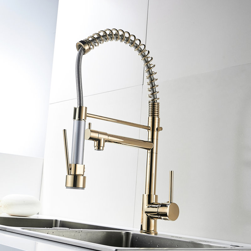 Robinet de cuisine moderne en or brossé avec bec rétractable, levier simple, bec rotatif à 360 degrés pour une utilisation polyvalente, robinet réglable et jet réglable