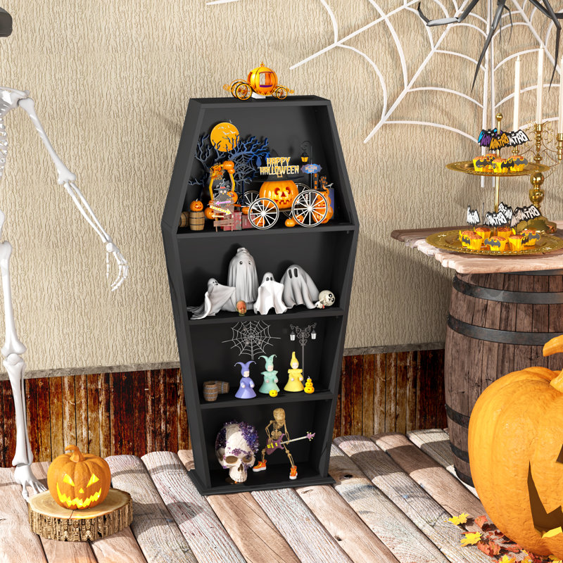 Halloween Goth Coffin Shelf with Spider Web, Wooden Coffin Bookshelf Gothic Decor for Home, Crystal Shelves for Display, Black Spooky Curio Shelf for Home Decor, Witchy Room Decor for Oddities