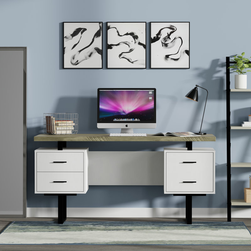 Auniya 60'' Desk, Dark Taupe Top, White Body, Black Metal/Hardware