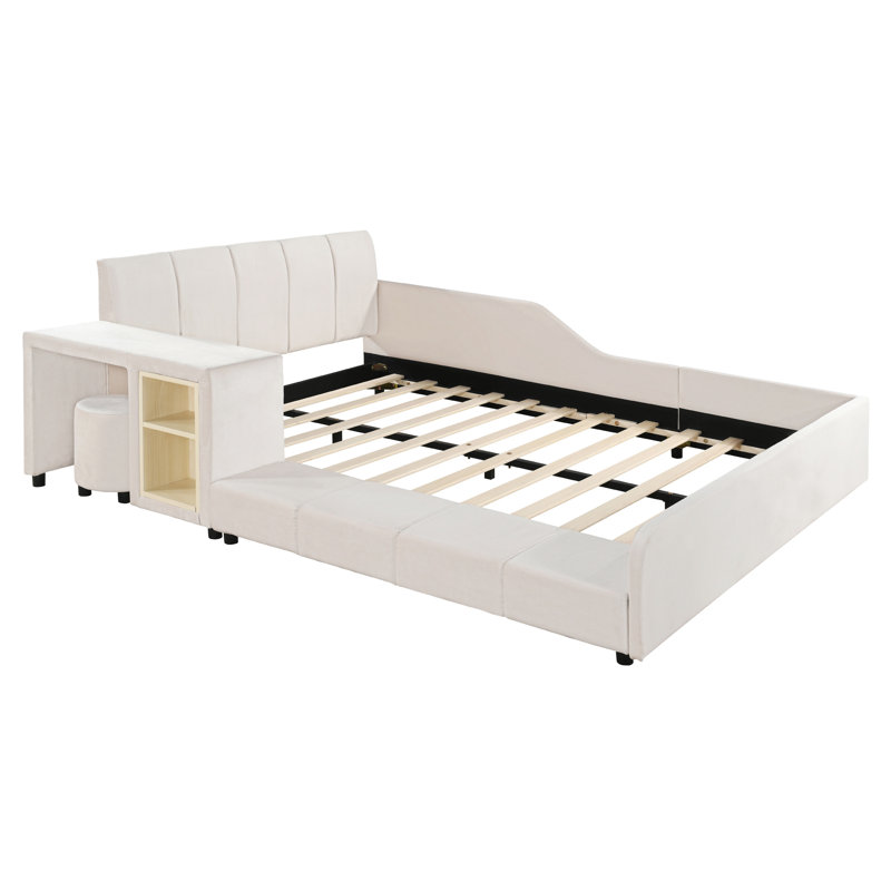 Upholstered Low Standard Bed with Bedside Desk and Round Stool, Mother & Child Bed, Beige, Full