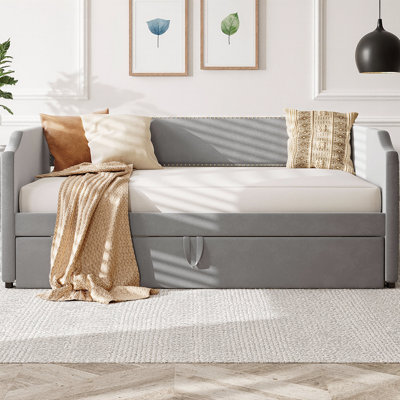 Lit de jour simple en velours rembourré avec couchette escamotable, canapé-lit 2 en 1 pour chambre à coucher, chambre d'amis ou chambre d'enfant, aucun sommier requis