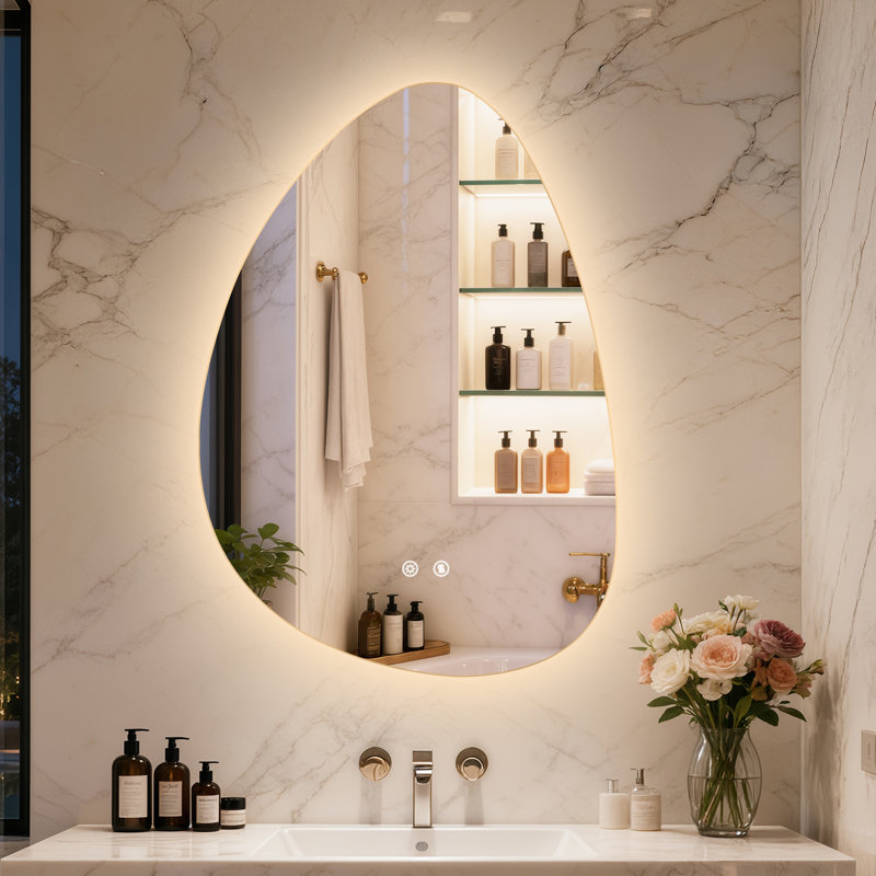 Asymmetrical Backlit Lighted Bathroom Mirror 3 Lighting Colors Defog 500X700Mm, 77 cm x 55 cm
