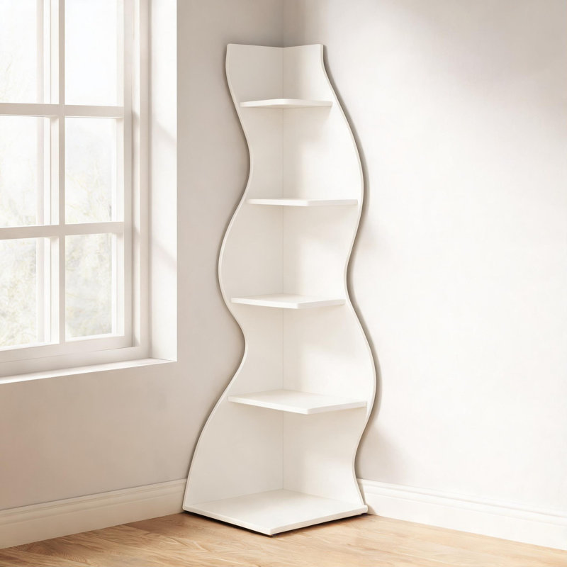 Tablette de coin 70 po à 5 niveaux en bois d'ingénierie blanc pur pour rangement et présentation, Blanc