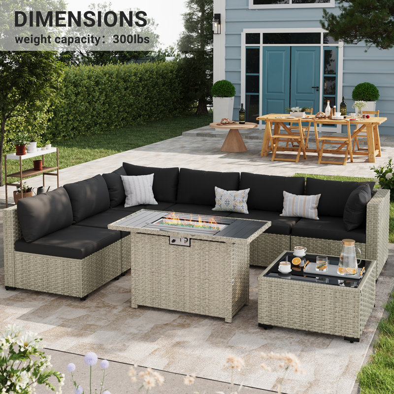 7 Pieces Design-Oriented Rattan Patio Conversation Sets With Fire Pit, Black