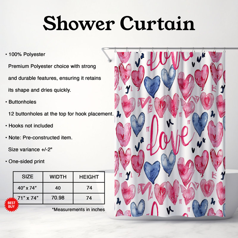Aimer Text Designs - Rideau de douche standard 1 pièce, H 74 po x l 71 po