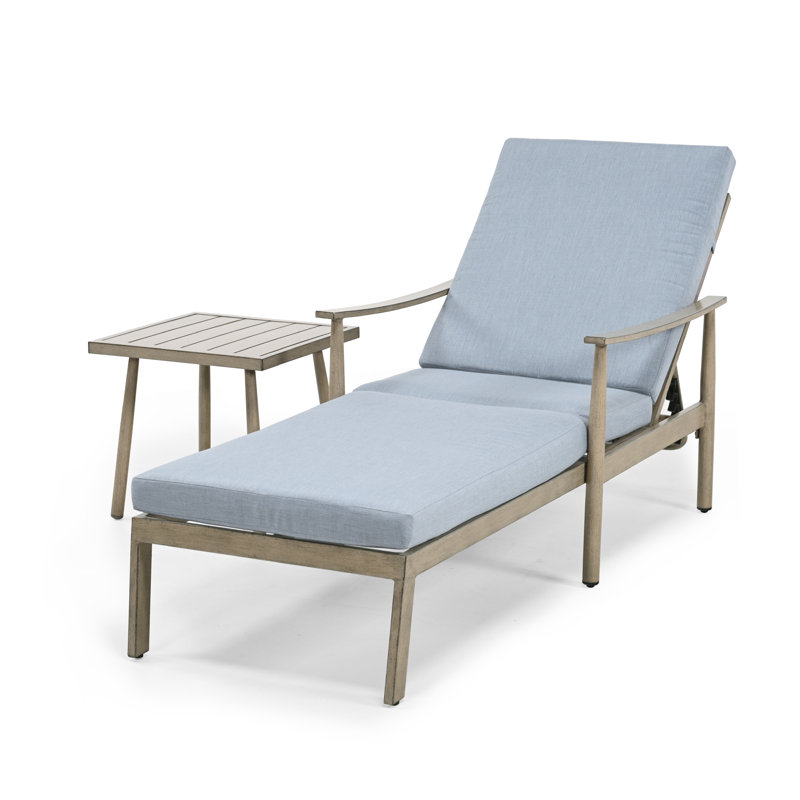 Chaise longue 1 pièce en aluminium avec table d'appoint et coussins Marijela, Coussin bleu / cadre brun clair