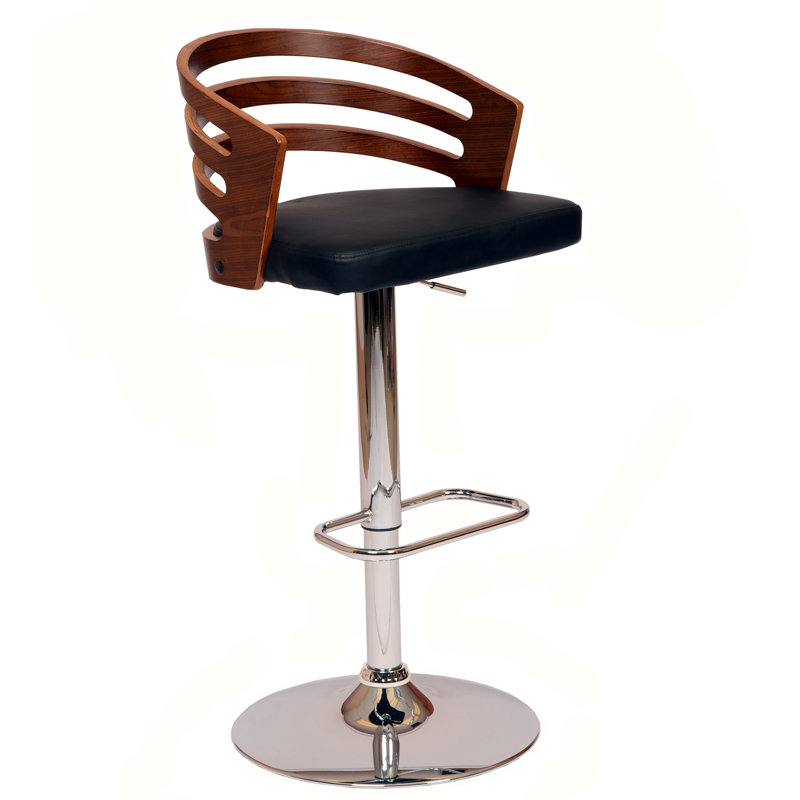 Hancock Swivel Adjustable Height Barstool with Pedestal Base in Faux Leather, Wood and Metal, Black, Chrome , Walnut Wood