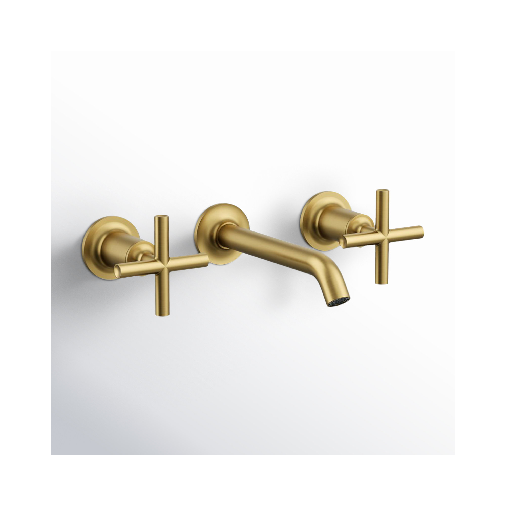 Purist Wall-Mounted Bathroom Faucet, Vibrant Moderne Brushed Gold, Cross Handle