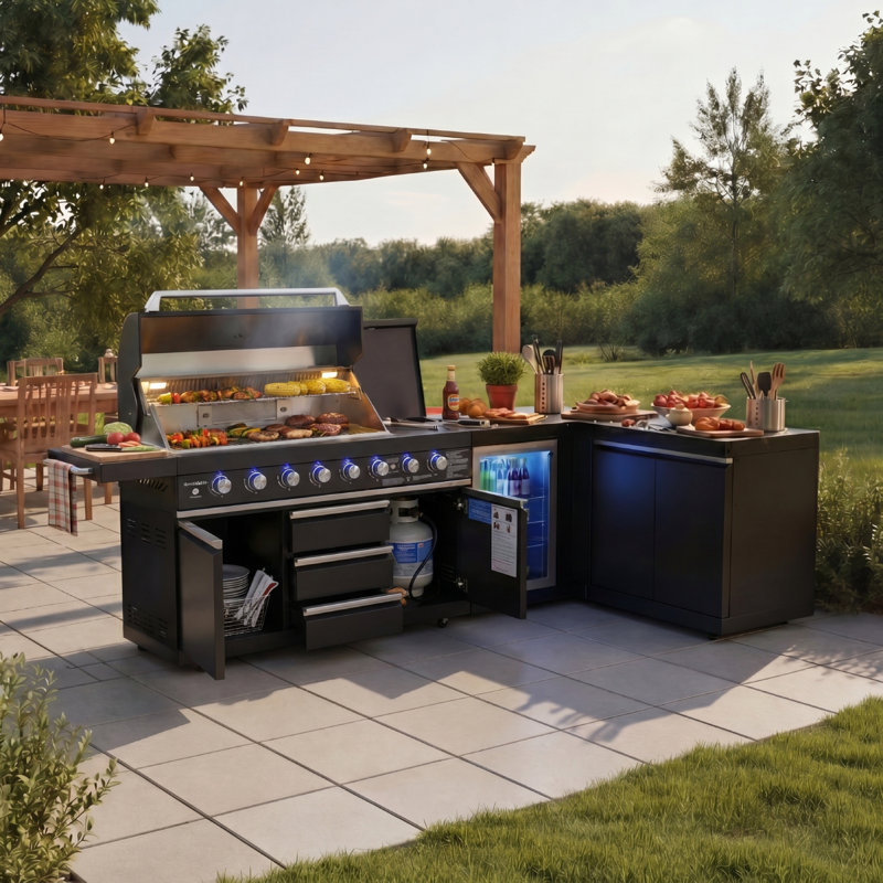 Ensemble d'îlot de cuisine extérieur modulaire 4 pièces avec barbecue, réfrigérateur et roulettes Akoah