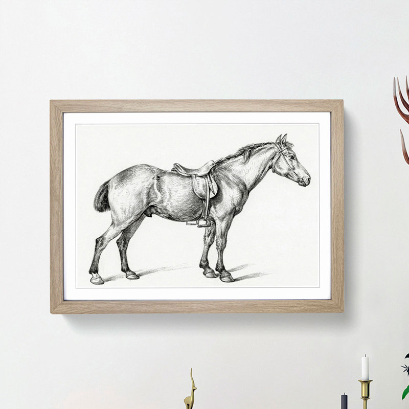 Horse with a Saddle by Jean Bernard - Picture Frame Drawing Print on MDF, 36cm H x 48cm W x 2cm D, Oak Framed