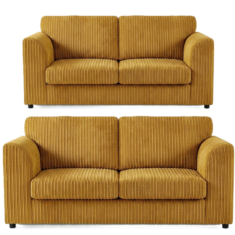 Soft Fabric Jumbo Cord 3 and 2 Seater Upholstered High Back Cushion Living Room Sets, Yellow