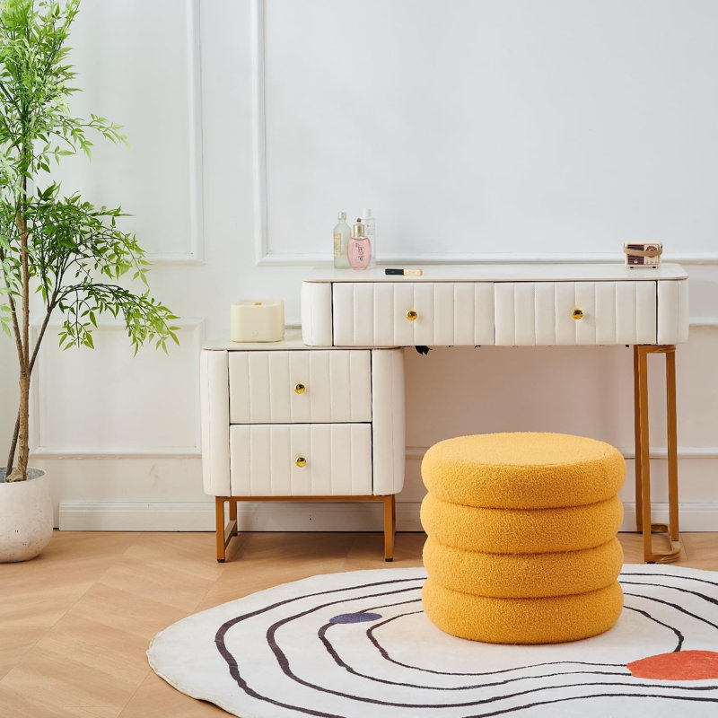 Repose-pieds rond avec rangement, tabouret Sherpa moderne, tabouret de coiffeuse Teddy avec plateau rabattable, Jaune