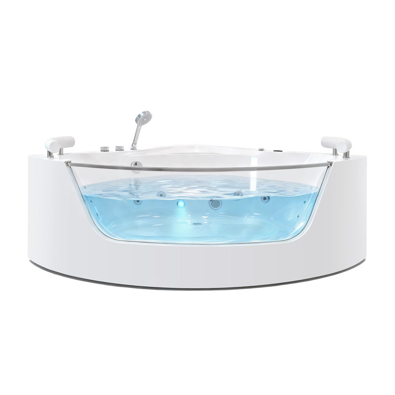 59-Inch Double Acrylic Corner Massage Bathtub 16-Jet Hydrotherapy Bathtub With Heating Function Rainbow Lighting