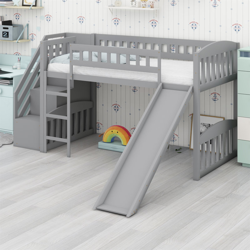 Loft Bed With Stairway And Slide, Gray