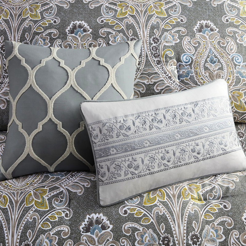 Housse de couette 5 pièces en coton gris - double / grand avec taie décorative brodée pour coussins à volants