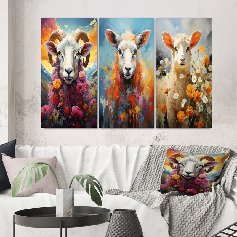 «Pink Sheep Enchanted Ewes», 3 pièces, H 28 po x l 36 po, Encadrement doré