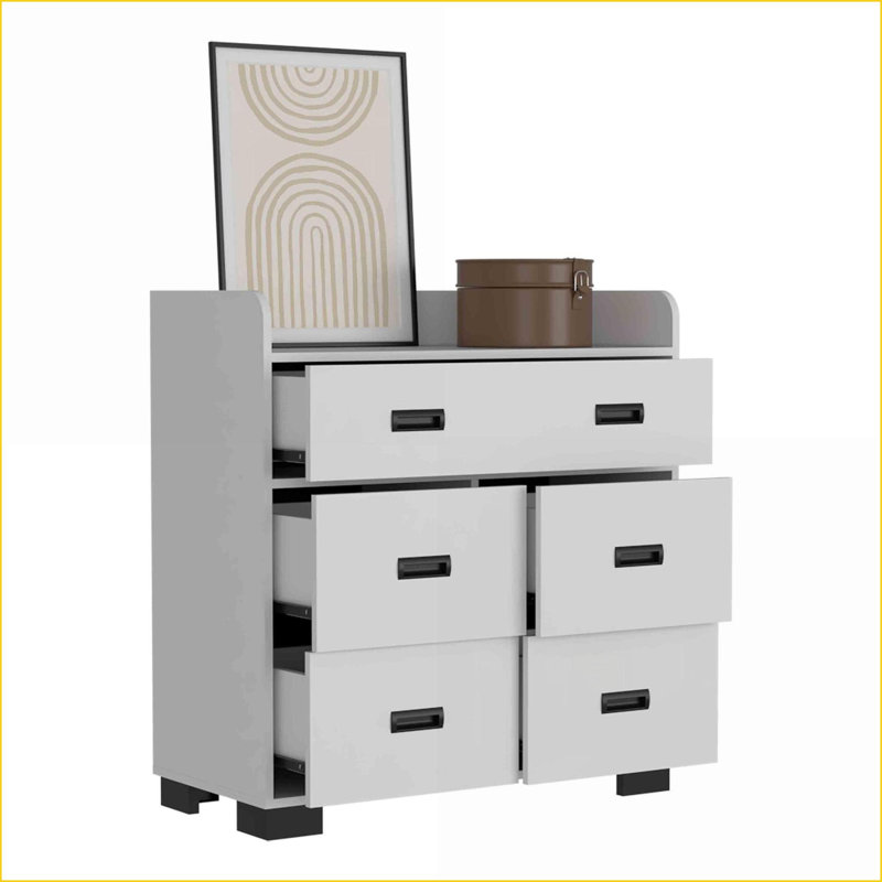 Commode à 5 tiroirs (4 simples et 1 double) | Plateau spacieux | Blanc | Panneau de particules