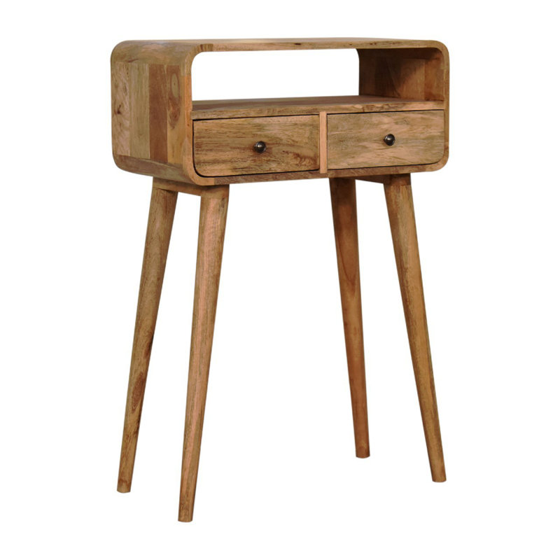 Mini-console courbée en chêne massif, 2 tiroirs, 1 fente ouverte, Brun