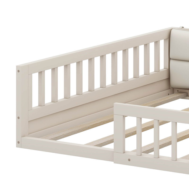 Lit plateforme double tapissier en bois avec garde-corps et coussin, Beige