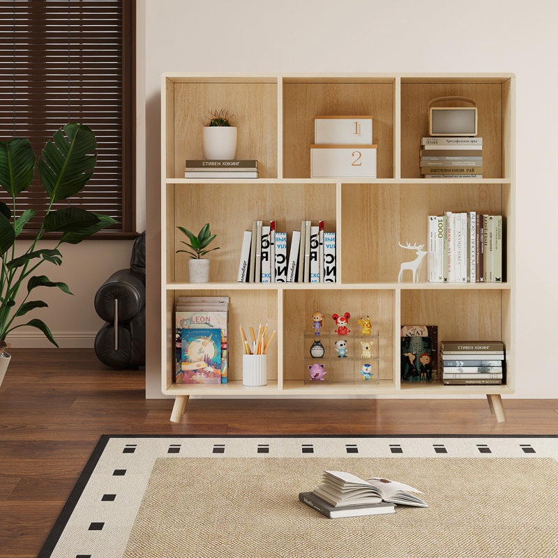 Armoire de rangement en bois de pin à 8 compartiments, organisateur à tablettes fixes de L 44 po x H 44 po pour livres / jouets / décoration intérieure, bibliothèque moderne en bois, armoire à compartiments multiples pour la maison / le bureau