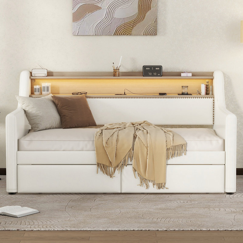 Storage Daybed with Charging Station and LED Lights, White