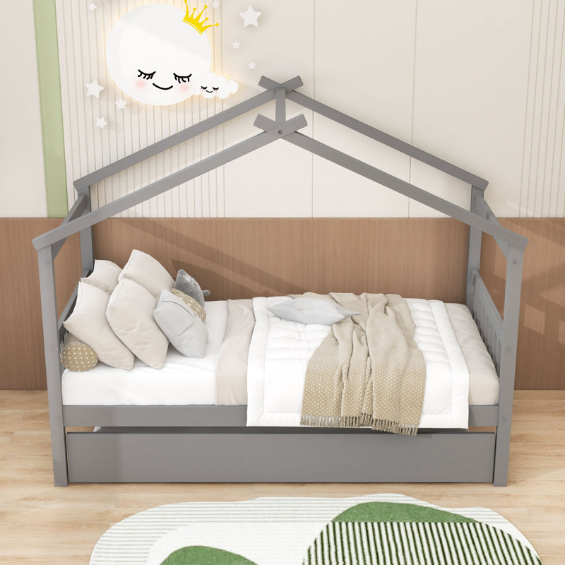 Lit de jour en bois avec lit gigogne simple, pieds et lattes, gris, Simple