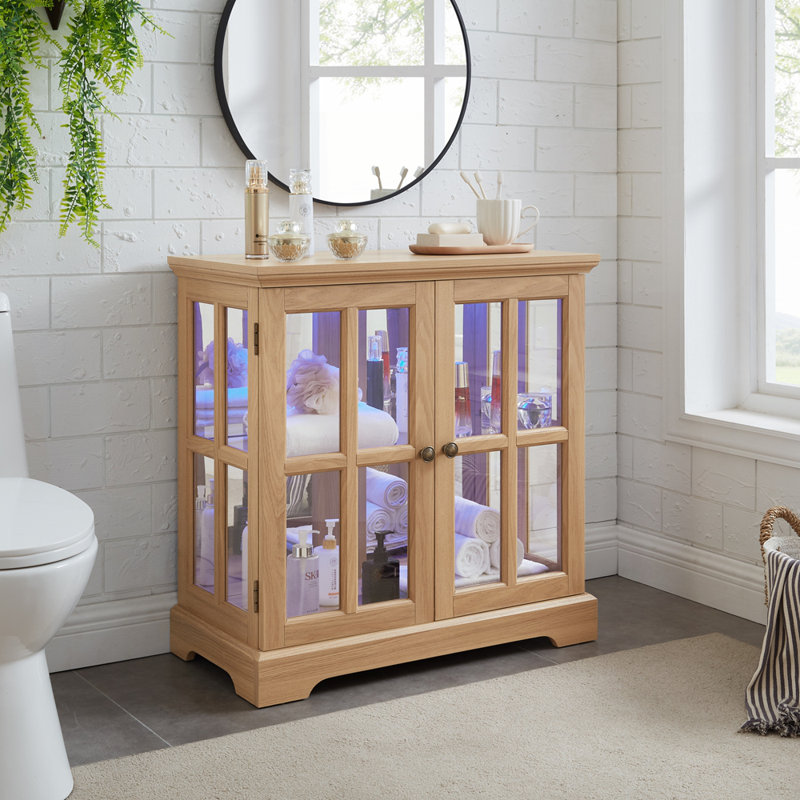 Exquisite Retro Display Cabinet with Adjustable Shelves and Lattice Doors, Oak