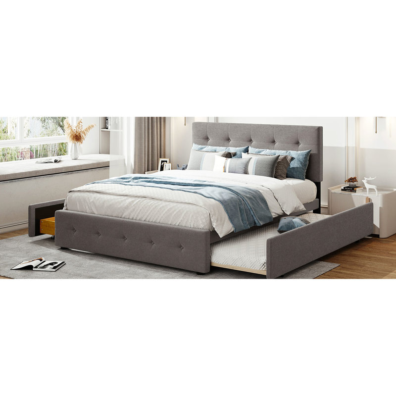 Upholstered Platform Bed With 2 Drawers And Twin Xl Trundle In Delicate Gray Storage- &, Full, Light Gray