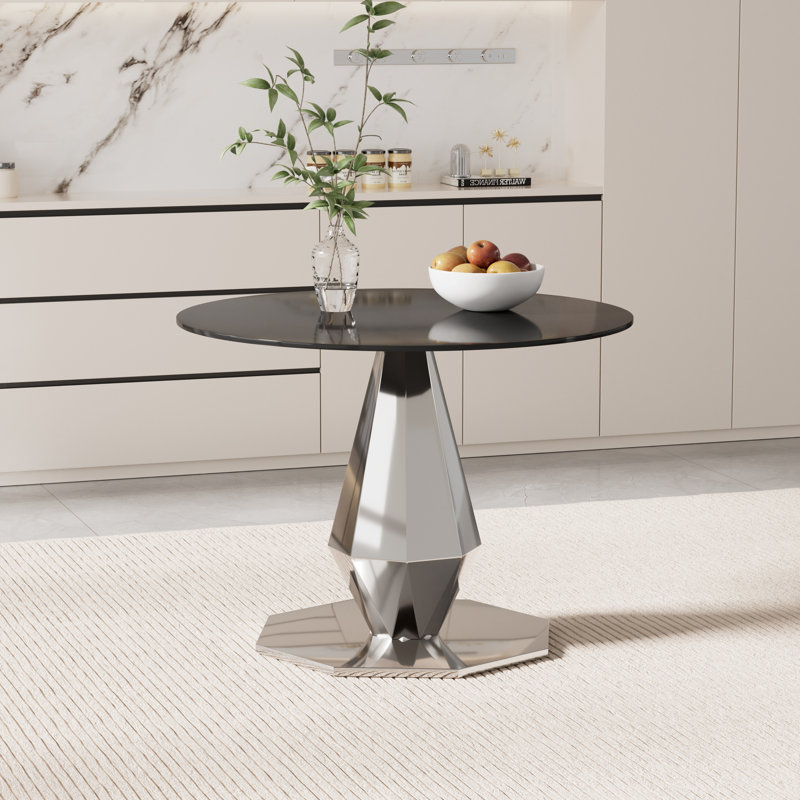 Round Pedestal Tempered Glass Dining Table, 29.50"H x 39"L x 39"W, Silver