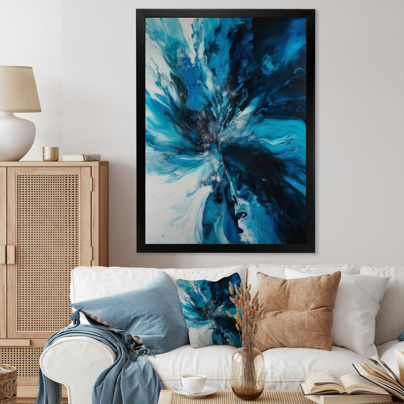 Marbre chromatique bleu et noir sur toile, H 44 po x l 34 po x P 1,5 po, Cadre simple noir