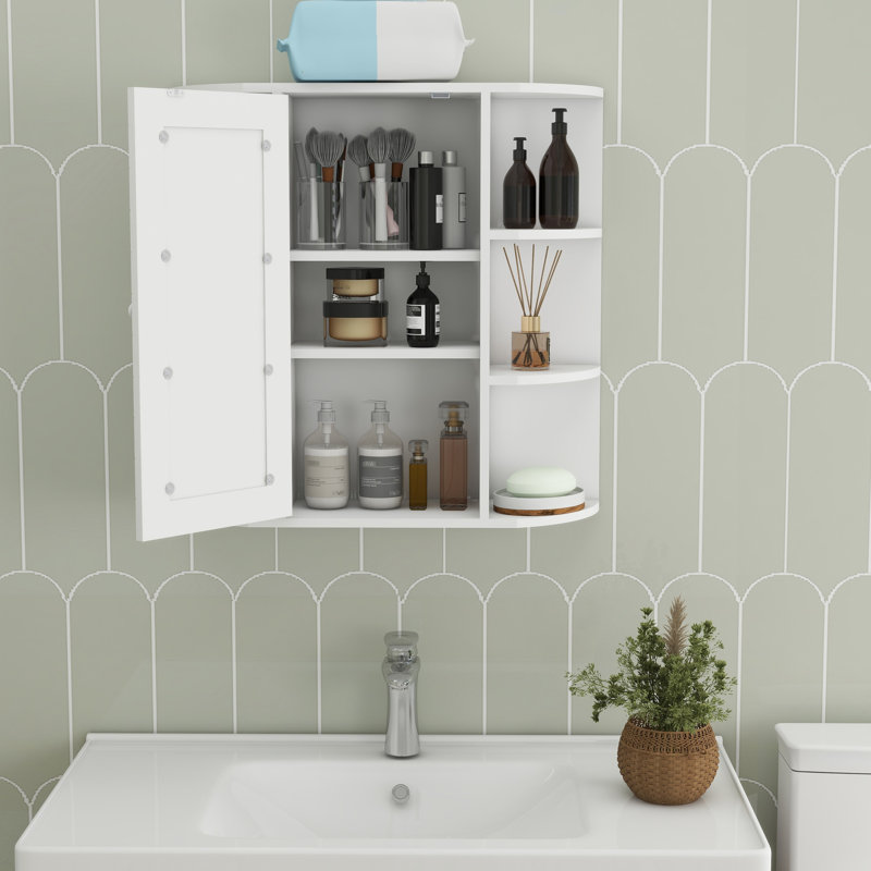 Wall Mounted Bathroom Storage Cabinet - 6 Open Shelves, 3 Adjustable, Coated White Mirror Door