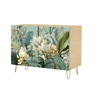 Sideboard Buffet Cabinet with Storage Organic Fern Leaf Design with 2 Doors for Living Room and Kitchen