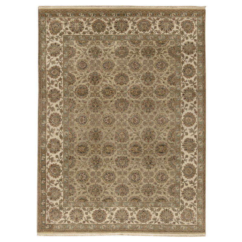 Tapis vert clair et ivoire noué à la main de haute qualité