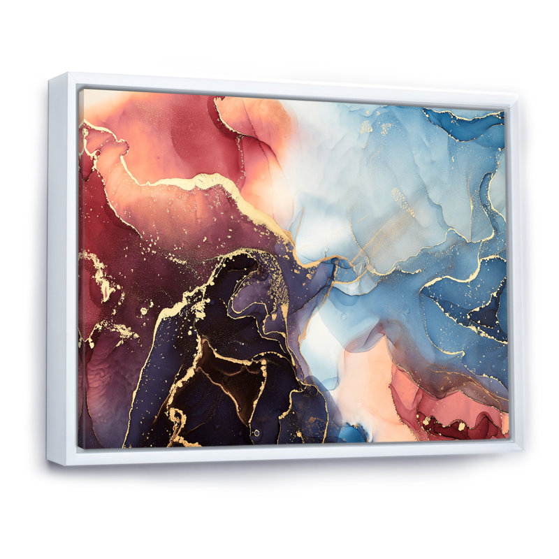 «Brown and Blue Luxury Abstract Fluid VI», peinture sur toile, H 34 po x l 44 po x P 1,5 po, Cadre flottant blanc