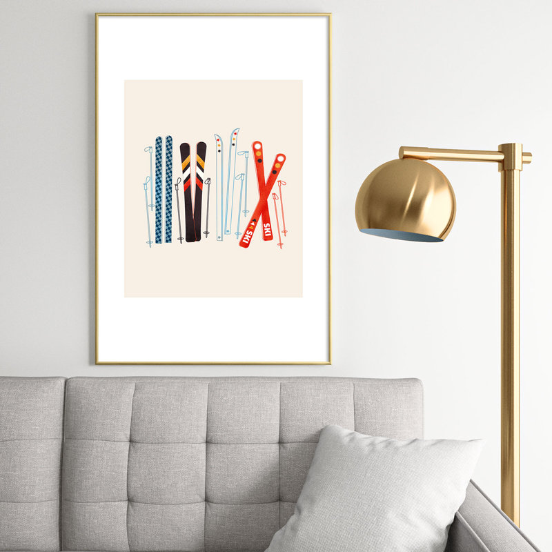 Showmemars Retro Ski Illustration, reproduction d'art encadrée, Cadre métallique doré, H 36 po x l 24 po x P 0,88 po