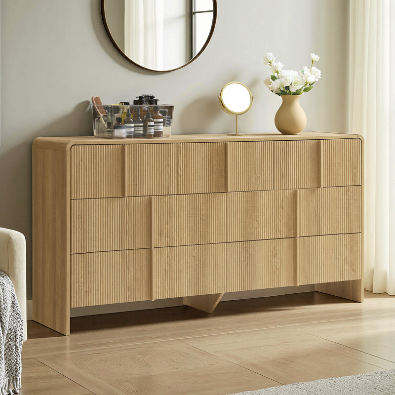 Modern 7-Drawer Dresser with Fluted Fronts & Curved Corners, 63" Wide Storage Chest with Integrated Pine Handles, Tan