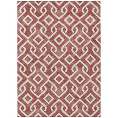 3' X 5' Burgundy And Ivory Geometric Washable Indoor Outdoor Area Rug