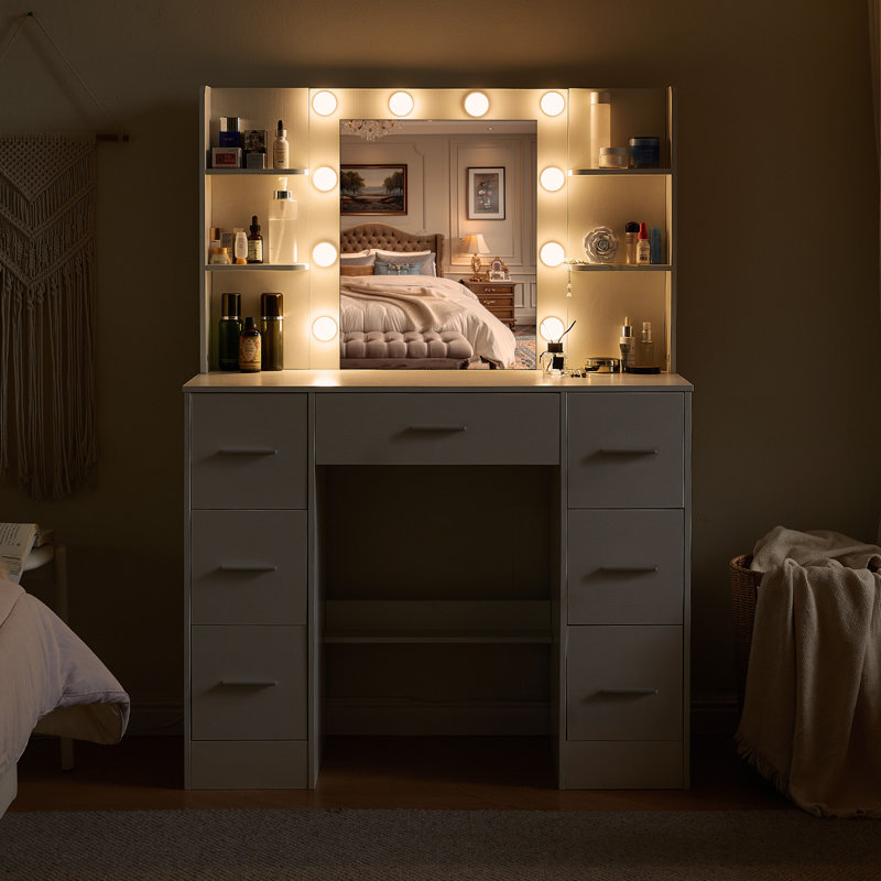 Ensemble de coiffeuse avec miroir lumineux à DEL, 3 modes d'éclairage, table de maquillage avec 7 tiroirs pour femmes